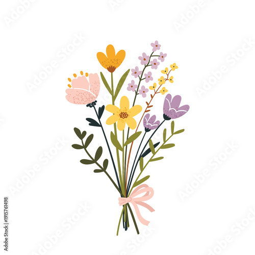 A colorful bouquet of spring flowers with a pink bow. A flat cartoon flower illustration for a greeting card or Mother's Day.
