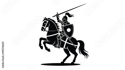 Medieval knight on horseback charging into battle with sword and shield