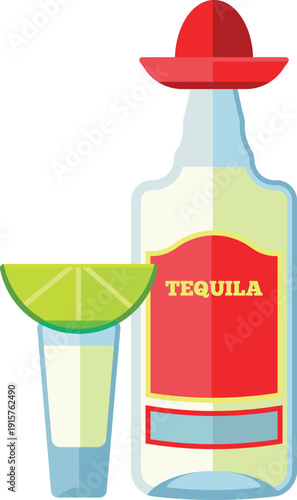 Tequila bottle with glass shot and lime slice. Cartoon mexican drink