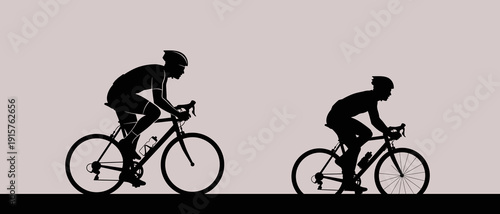 A vector graphic illustration of two cyclists in motion, depicted as silhouettes in a minimalist flat design style
