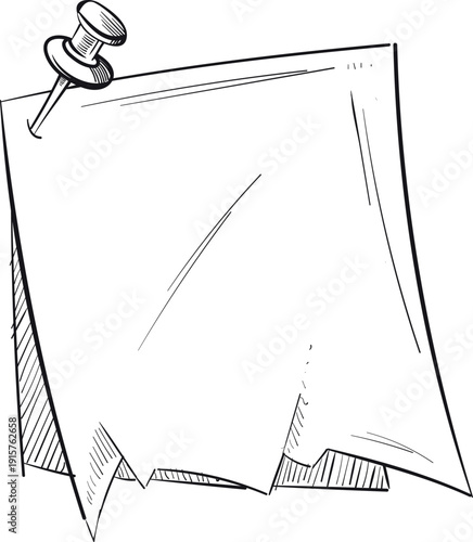 Reminder note with push pin. Hand drawn paper