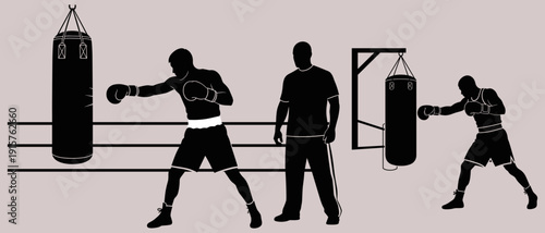 A black silhouette illustration of boxers training with punching bags in a gym