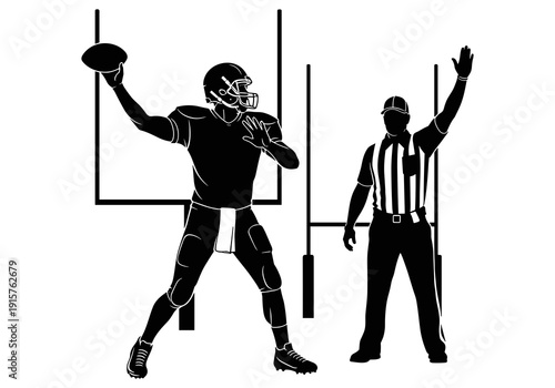 A black and white vector illustration of an American football player catching a ball with a referee signaling a touchdown in the background.