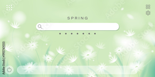 Search engine homepage design with spring field, green leaves, grass, flowers. Internet search page natural art backdrop. Green blurred screen wallpaper. 