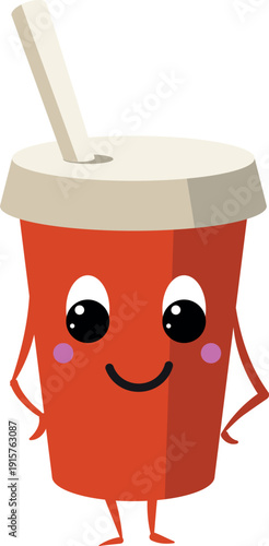 Takeaway drink cartoon character. Red plastic cup