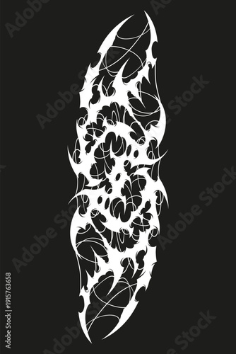 White flowing cyber sigilism vector with sharp thorny elements. Trendy dark aesthetic graphic for streetwear prints, techno music aesthetics, and edgy tattoo sketches. Isolated on black background