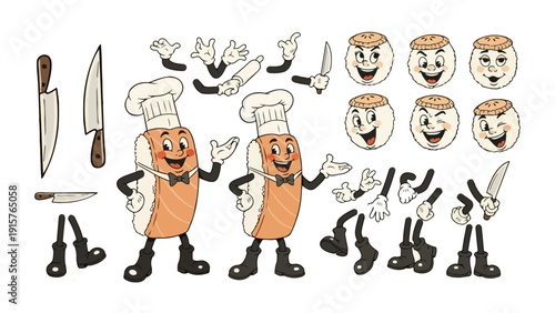 Cartoon salmon sushi character builder set with chef hat, accessories, and expressive faces for fun food creations