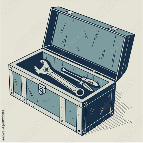 Vintage open metal toolbox with antique wrench and chisels, industrial maintenance illustration.