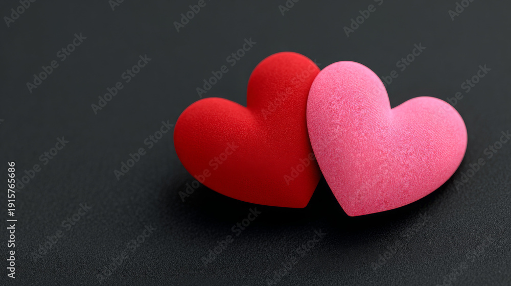 Fototapeta premium Two decorative hearts on black background symbolizing love 