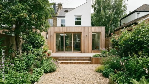 Lush residential garden leading to a modern house extension with natural wood cladding