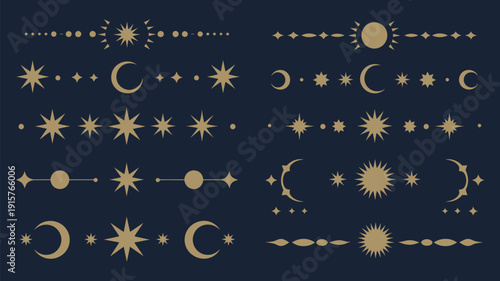 mystic celestial divider borders with esoteric magic symbols, golden sun moon and star decorations, ranked titles concept, hierarchy cosmic ornaments, premium mystical levels for elegant branding and 