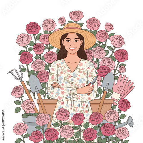 Female Gardener With Straw Hat Surrounded by Pink Roses and Gardening Tools in Floral Dress