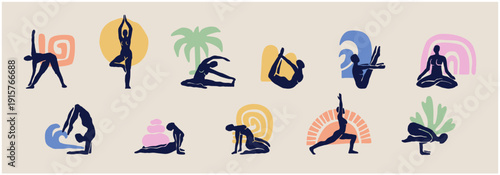 modern cut out yoga pose set with abstract shapes and boho aesthetic
