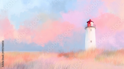 Lighthouse stands in a field under a colorful sky at dawn