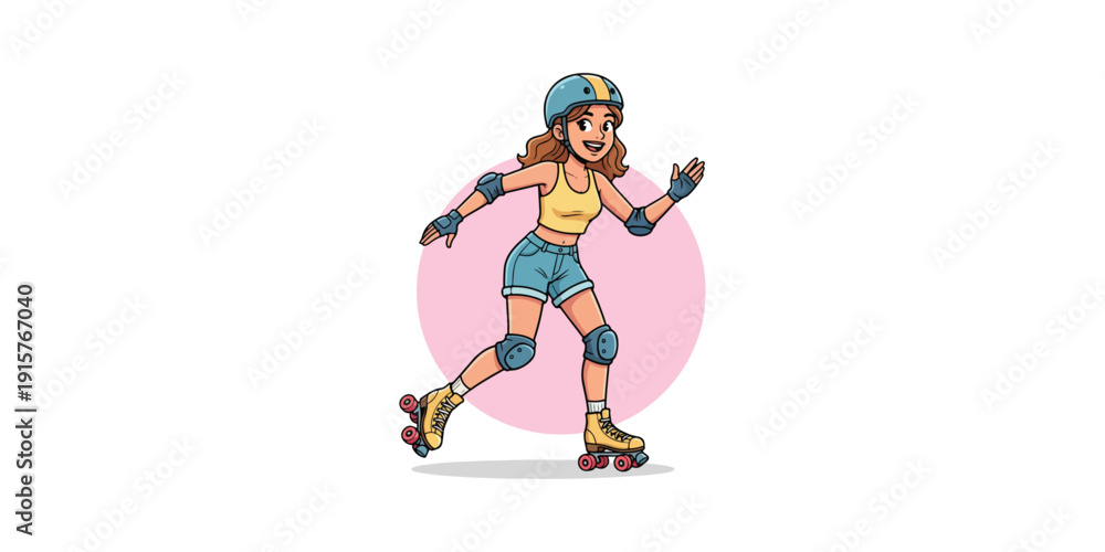 Fototapeta premium Happy Cartoon Girl Roller Skating with Protective Gear and Helmet Vector Illustration