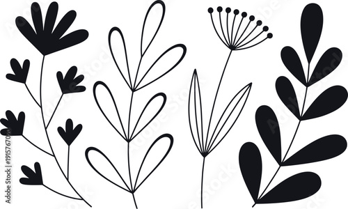 Simple black and white illustration of various stylized plants and flowers on a clean white background, perfect for decorative use