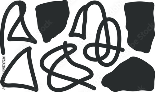 Collection of abstract black shapes on white background representing modern artistic design elements for creative projects