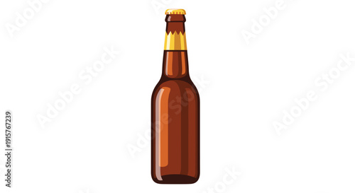 A tall brown glass bottle, sealed with a golden cap and gold foil, holds a dark beverage.