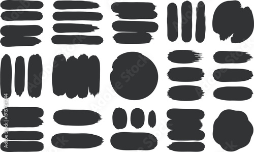 Collection of various black brush stroke elements on white background for graphic design and artistic purposes creating a versatile visual effect.