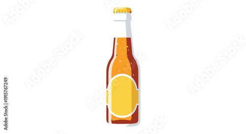 An amber glass beer bottle with a yellow blank label and golden cap is filled with bubbly, light brown liquid.