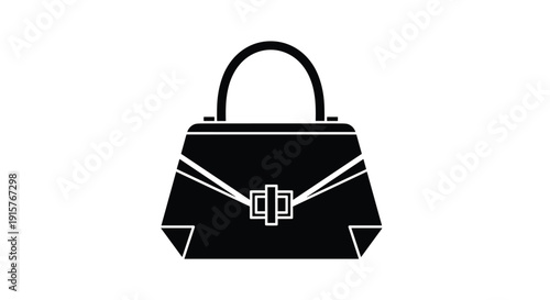 A black handbag with a single top handle and a decorative front flap featuring a rectangular clasp closure is displayed.
