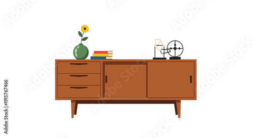 Long wooden side cabinet with three drawers and two sliding doors, adorned with a flower vase, books, and decor items.