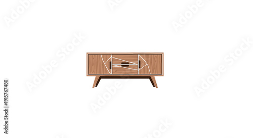 Wooden cabinet featuring decorative white abstract patterns on its two cabinet doors and subtle tapered legs.