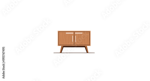 Small compact wooden cabinet with two doors and angled tapered legs casting a subtle shadow on a white background.