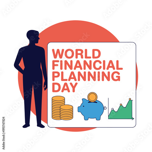 A man standing next to a World Financial Planning Day sign with financial icons