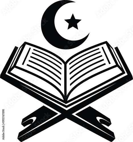 Illustration of an open book with a crescent moon and star above it. Vector