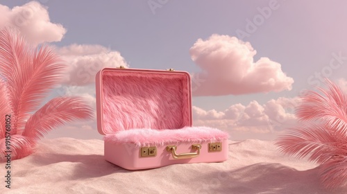 Pink fur-lined suitcase on a pastel beach with fluffy clouds and palm leaves for dreamy travel imagery