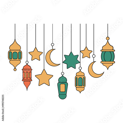 Assorted colorful lanterns and star-shaped decorations hanging from strings isolated on white background, Vector