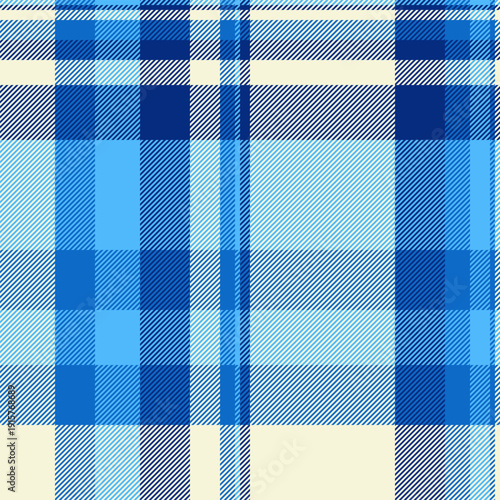 Faded seamless fabric texture, quilted plaid vector check. Bathroom tartan textile background pattern in blue and beige colors.