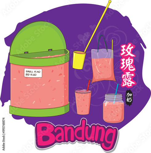 Bandung, or sirap bandung, is a popular drink in Singapore and Malaysia made by mixing rose syrup with evaporated or condensed milk, served chilled over ice. 