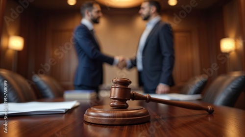 Legal gavel foreground lawyers handshake in office room