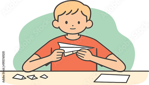Light child folds a paper airplane at a desk, crisp creases forming, scraps aside, hands focused, ready to test flight calmly now