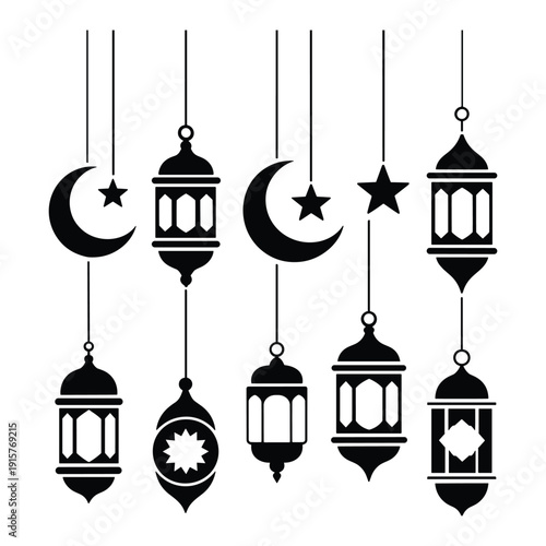 Intricate hanging lanterns and celestial symbols in black and white illustration isolated on white background, Vector