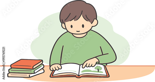 Quiet child chooses a notebook at a desk, covers stacked nearby, pages flipped slowly, fingers pause on a favorite one. |