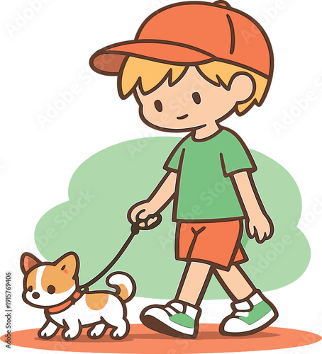 Sunny Walkies. Sunny child walks a small dog on a short leash, stepping carefully as paws move together and the path stays calm. |