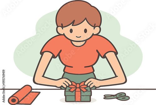 Gentle child prepares a small gift at a table, arms reaching forward, folds checked twice, care shown today now!!. | small gift,