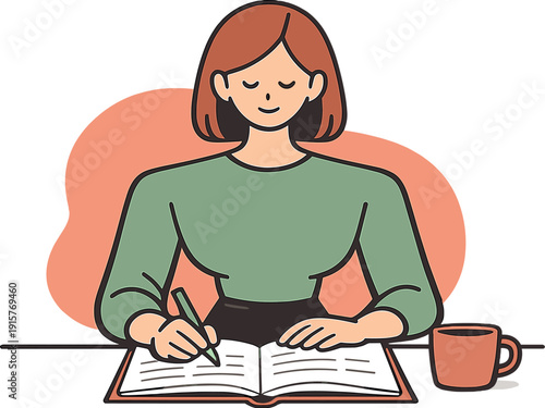 Calm person prepares meeting notes at a desk, notebook opened wide, key points underlined, cup set aside quietly. | meeting notes