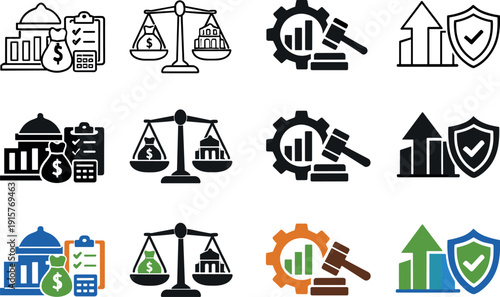Icon object one for government revenue control, icon object two for public spending balance, icon object three for economic