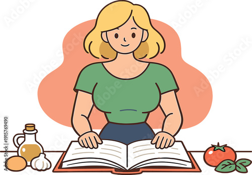 Recipe Discovery Moment. Sunny person opens a recipe book on a table, pages spreading wide as fingers pause and ingredients rest