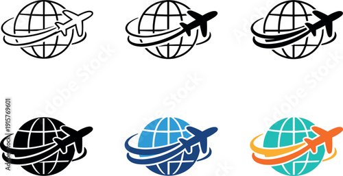 Cross border aviation symbol illustrating an aircraft paired with a globe and sweeping directional paths to suggest long distance