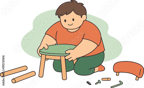 Warm person assembles a chair from parts, pieces spread on floor as hands fit legs and seat together calmly nearby | assembling
