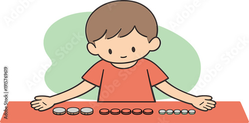 Gentle child learns to count coins at a table, palms open, coins slid into lines, pace slow and careful. | counting coins,