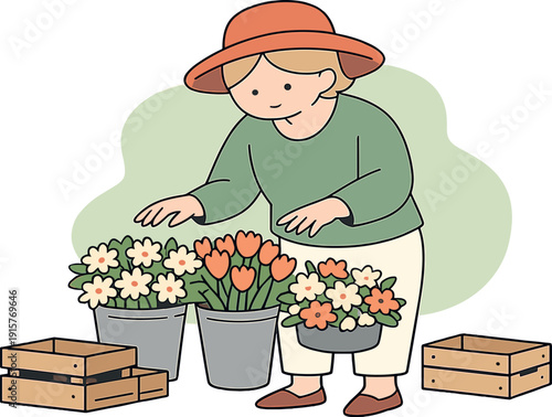 Light person chooses flowers at a market stall, hands hovering over bouquets while simple crates line the ground nearby today
