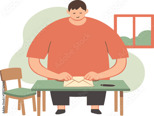 Quiet Letter Moment. Quiet person stands at a small table sealing an envelope with care while a chair, pen, and window nearby