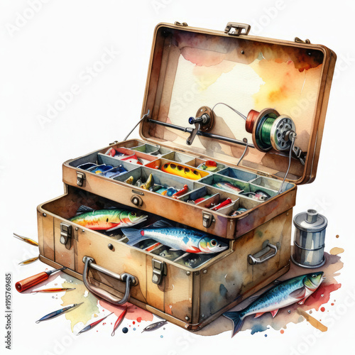 Watercolor fishing tackle box with lures, reels and fresh fish isolated on white background