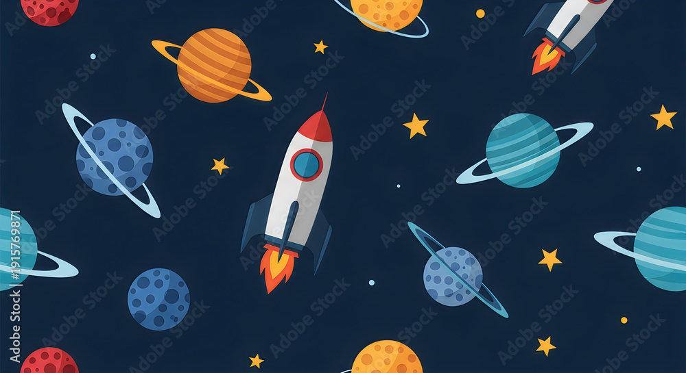 Fototapeta premium Colorful space-themed rockets and planets pattern on a dark background
